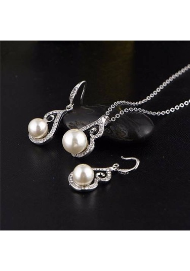 Pırlanta İşlemeli İnci Takı Seti Kolye Küpe, Sevgililer Günü