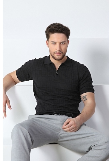 Ferraro Siyah Polo Yaka Fermuarlı Erkek Pamuk Triko T-Shirt-Siyah (417942274) Siyah