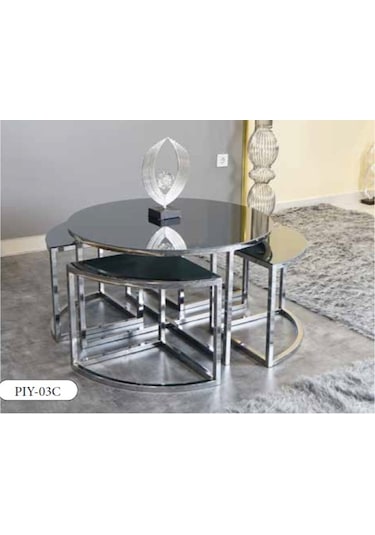 Mim Füme - Gümüş Yuvarlak 4+1 Pizza Orta Sehpa Gümüş Füme