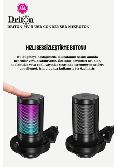 Driton Driton Youtuber Mikrofon Mv-5 Siyah Rgb Usb Oyuncu Yayıncı