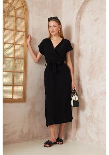 Kadın %100 Müslin Pamuk Yırtmaçlı Kruvaze Beli Kuşaklı Salaş Uzun Günlük Elbise 3612330 Siyah