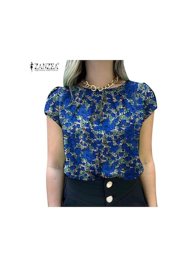 Mavi Zanzea Kadın Rahat Kısa Kollu O-boyun Yaz Çiçek Baskı Bluz