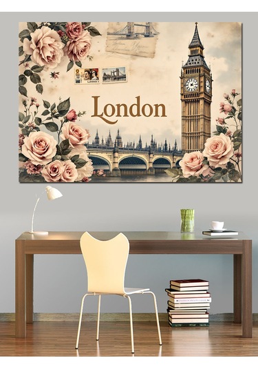 Güller Ve Londra Big Ben Dekoratif Kanvas - Mdf Ahşap Tablo