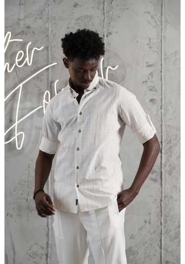 Advante İnce Çizgili Yaka Düğmeli Katlamalı Kol Pamuklu Slimfit Yazlık Keten Gömlek Kahve