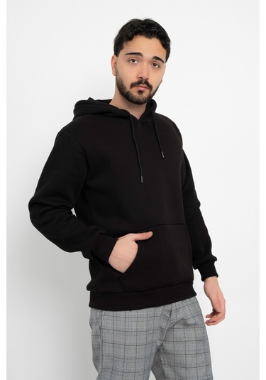 Dasüniforma Basic Baskısız 3 İplik Kapüşonlu Unisex Kanguru Cepli Kapüşonlu Sweatshirt Hoodie Sweat Siyah