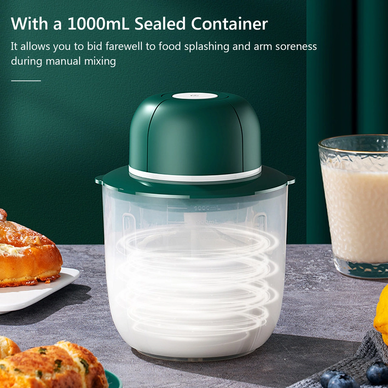 Youmex Ev Kullanıma Usb Şarjlı 1000ml Dört Eksenli Mikser - Kablosuz Kullanim, Elle Tutmaya Gerek Yok, Krema Ve Yumurta Çırpıcı Yeşil