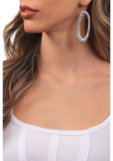 Kadın Antik Gümüş Kaplama Sallantılı Model Kabartma Dokulu Oval Küpe Gümüş