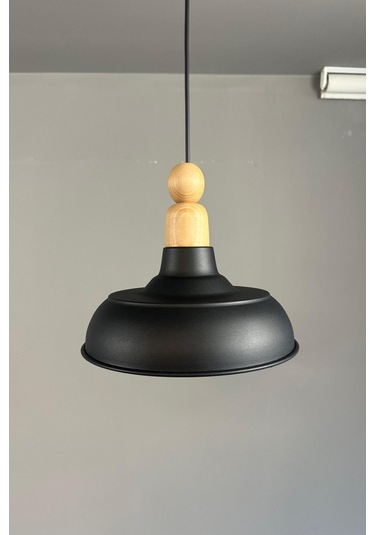 Veluna Siyah Boncuk Kalın Ahşap Başlık Tekli Avize Retro Sarkıt Ofis Showroom Salon Mutfak Avizeleri Siyah