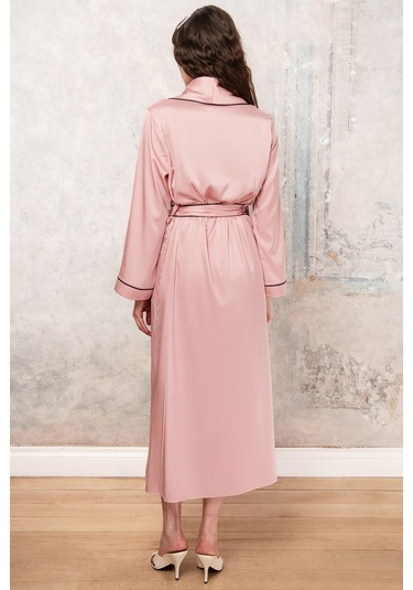 Francesca Gül Kurusu Uzun Saten Biye Detaylı Sabahlık / Kimono Pembe
