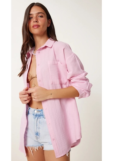 Kadın Oversize Basic Cepli Müslin Gömlek Pembe