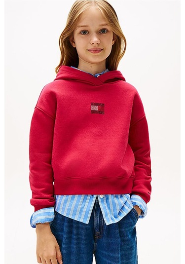 Kız Çocuk Rahat Kalıp Taşlı Amblemli Kapüşonlu Sweatshirt - Kırmızı Ruby Rhubarb