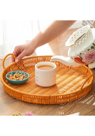 Porsima 710-d Yuvarlak 3'lü Hasır Tepsi Dekoratif Sunum Tepsisi