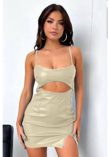 Pu Deri Elbise-BEJ Bej