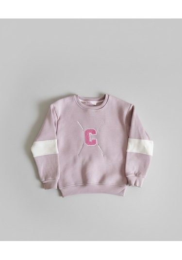 3 İplik Şardonlu C Harfli Nakış Detaylı Şeritli Pembe Kız Çocuk Eşofman Takımı Pembe
