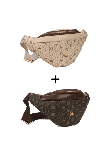 Newish Polo Kadın Desenli Çapraz Omuz Askılı Bel Ve Omuz Çantası 2 Adet New345- Bej - Kum