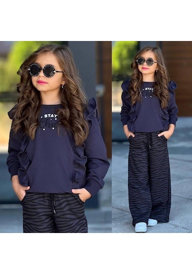Kız Çocuk Zebra Desenli 2'li Alt Üst Takım 6411f Füme