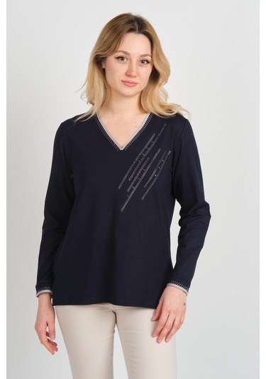Detay Triko Kadın V Yaka Taş İşlemeli Uzun Kol Anne Bluz 5751 Lacivert Lacivert