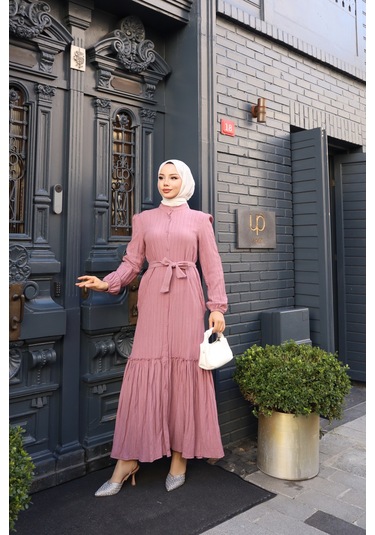 Kadın Gül Kurusu Boydan Düğmeli Eteği Piliseli Kuşaklı Lara Keten Uzun Tesettür Elbise Gül Kurusu