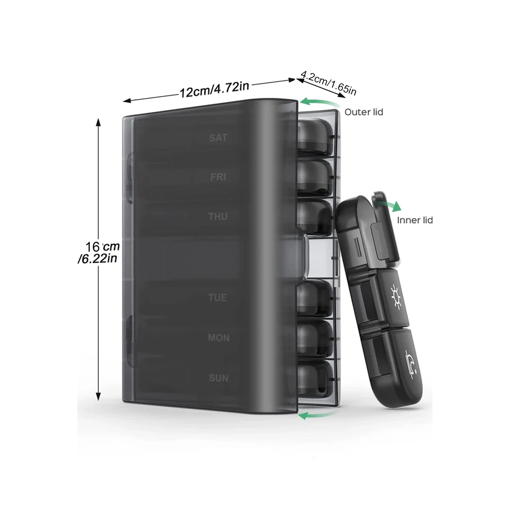 Konesam 7 Günlük 21 Bölmeli Büyük Kapasiteli İlaç Kutusu - Nem Koruma, Kolay Açma, Geçici Hafıza Sorunu Olanlar İçin Transparan Siyah + Renkli Bölmeler Çok Renkli