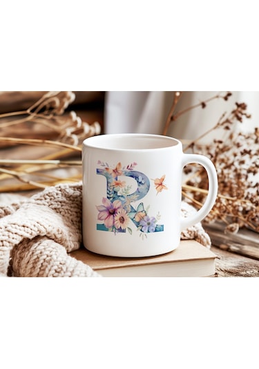 R Harfi Çiçekli Kupa Bardak - Soft Renk Çiçek Ve Kelebek Desenli Zarif Kahve Kupası - Bohem Beyaz