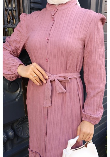 Kadın Gül Kurusu Boydan Düğmeli Eteği Piliseli Kuşaklı Lara Keten Uzun Tesettür Elbise Gül Kurusu