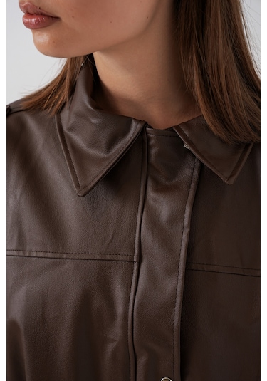 Kadın Oversize Deri Ceket 1055 - Kahverengi Kahverengi