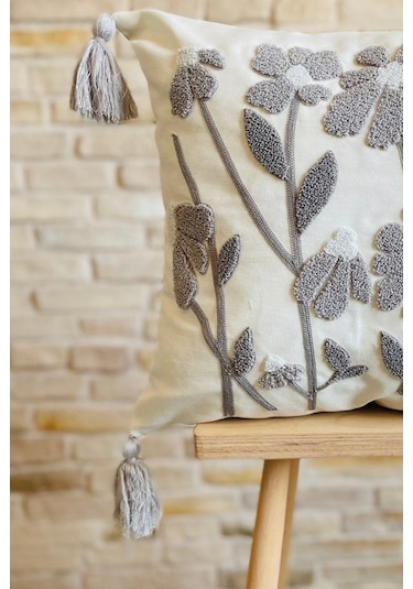Swita Home Punch İşlemeli Tekli Dekoratif Papatya Desen Kırlent Kılıfı Panç Beyaz - Gri