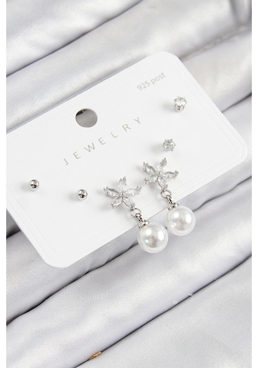 Pirinç Zirkon Taşlı İnci Sallantılı Çiçek Model Gümüş Renk 925 Ayar Gümüş Çivi Kadın Küpe Set - Tj-b çok renkli