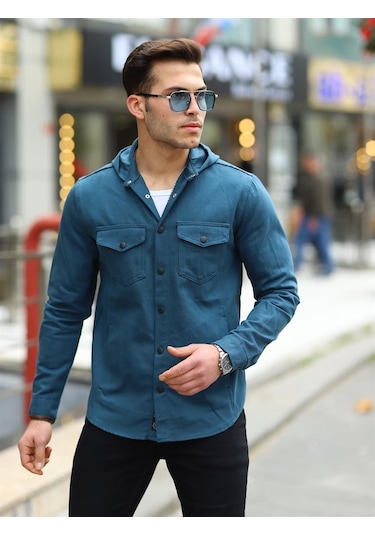 Petrol Renk Kapüşonlu Kot Ceket-1449 Petrol