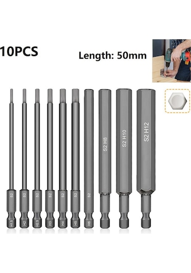 Sointeresting 10 Adet 50mm Altıgen Anahtar Matkap Ucu Metrik H1.5-h12 Elektrikli Altıgen Tornavida Anahtar Soket