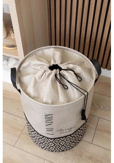 Flora Torbalı Çamaşır Oyuncak Sepeti, Ağzı Büzgülü Dekoratif Saklama Sepeti 35x50cm Bej