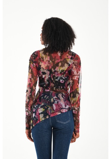 Yırtmaç Detaylı Tül Bluz Pembe