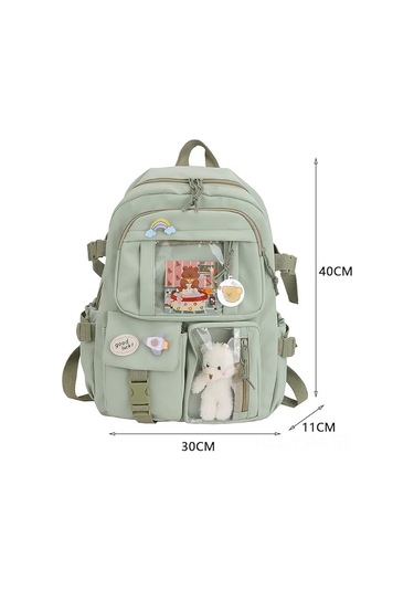 Geeksen Genç Kızlar İçin Şık Okul Çantası - Yeşil Renk, 40x30x11 Cm, Kawaii Tarzı Aksesuarlı Çok Renkli