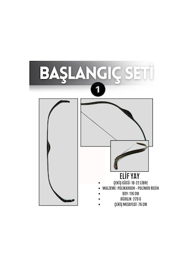 Geleneksel Okçuluk Başlangıç Seti - Elif Yay + 3 Ok + Zihgir