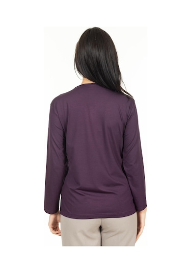 Kadın Orta Yaş Ve Üzeri Yeni Model V Yaka Taş İşlemeli Anne Penye Bluz 30560-mürdüm