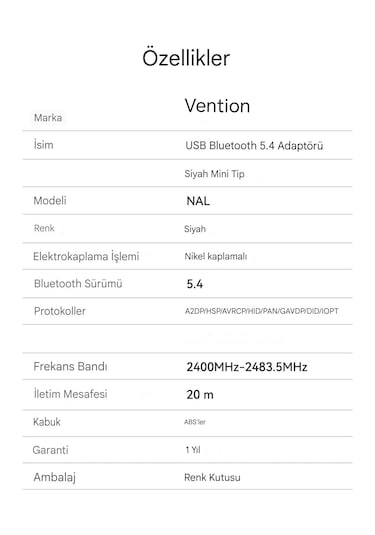 Vention Usb Bluetooth Adaptör 5.4 Yüksek Performans Düşük Gecikme