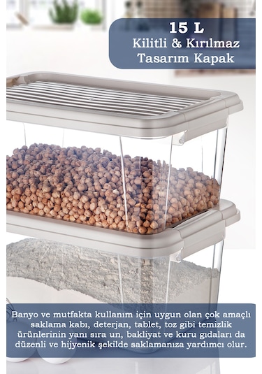 2'li Mega 15l Un Bakliyat Erzak Kabı - Kilitli Kapaklı Banyo Düzenleyici Deterjanlık Saklama Kutusu Bej