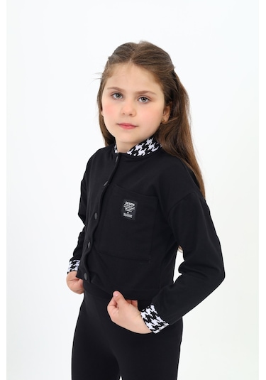 Toontoy Kız Çocuk Kolej Yaka Çıtçıt Kapama Baskılı Renk Bloklu Örme Hırka - 2 İplik Şardonlu Siyah