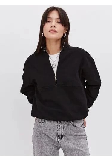 Oversize Yarım Farmuarlı Yakalı Basic Sweatshirt - Siyah Siyah