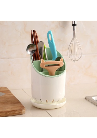 Sones Yaratıcı Çok Fonksiyonlu Çift Drenaj Rafı Mutfak Çubukları Saklama Kovası Sofra Takımı Saklama Kutusu, Renk:yeşil