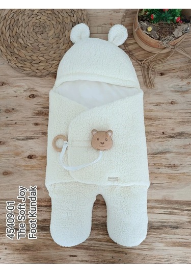 Yenidoğan Kulaklı Şapkalı Açılır Kucaklı Cırt Kapamalı Ayaklı Bebek Battaniyesi Kundak Krem Krem