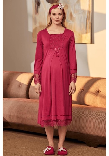 Mecit Pijama Mecit 5209 Efuşya Dantel Kol Detaylı Hamile Lohusa Gecelik