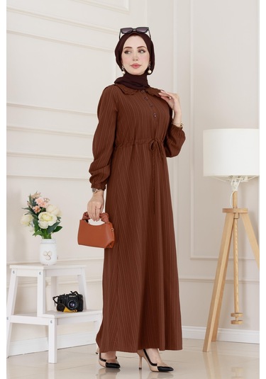 Yakası Güpür Nova Elbise-kahverengi-5028 Kahverengi