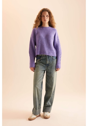 DeFacto Coool Oversize Geniş Kalıp Bisiklet Yaka Triko Kazak V1811AZNSPR262 Mor