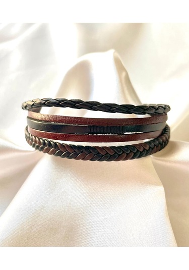 %100 Deri 5li Kombin Kahverengi Erkek Bileklik 21cm Türk Üretim Kahverengi - Siyah