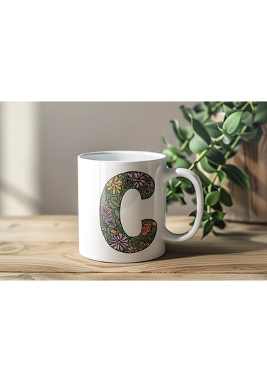 C Baş Harf Çiçek Desenleri İle Natural Tarz Kupa Bardak - Kişiye Özel Çiçekli Kahve Çay Bardak - Beyaz