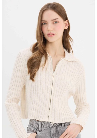 DeFacto Slim Fit Dar Kesim Polo Yaka Fermuarlı Hırka E4030AX25SPER105 Ekru