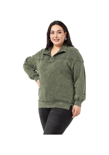 Büyük Beden Pis Dikişli Fermuarlı Yırtmaçlı Parça Boyalı Haki Sweatshirt-haki Haki