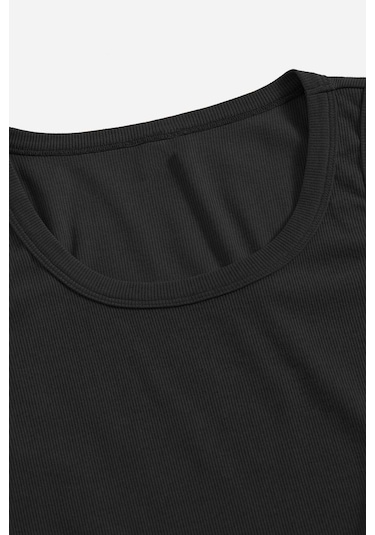 Merry See Düz Renk Kadın Kolsuz Bluz Crop Top Siyah