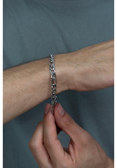 Figaro 3E1 Çelik Künye Erkek Bileklik Zincir  Ack06B Beyaz